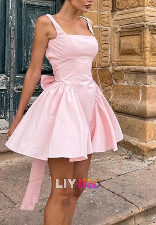 Square Straps Bowknot Pleated A-Line Party Homecoming Dress