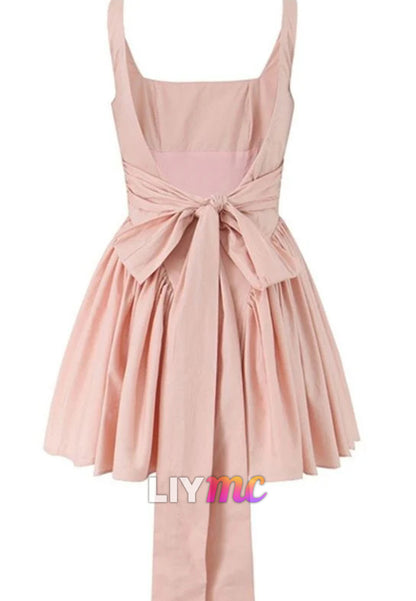 Square Straps Bowknot Pleated A-Line Party Homecoming Dress