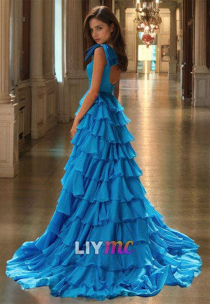 Square Straps Bowknot Tiered A-Line Prom Dress