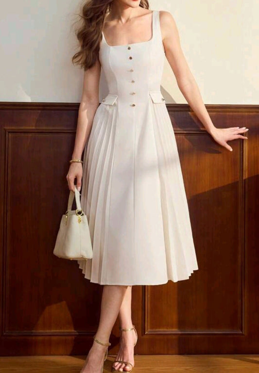 Square Straps Button Pleated A-Line Work Dress
