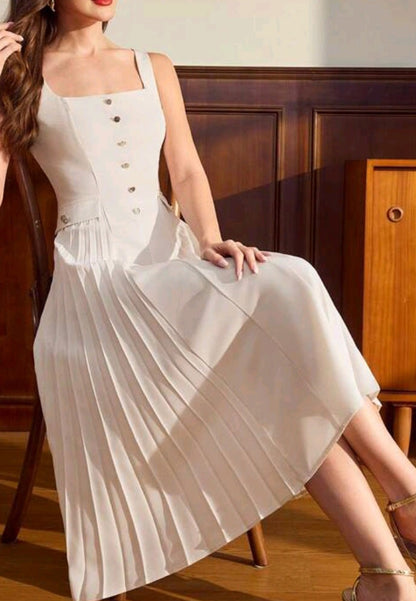 Square Straps Button Pleated A-Line Work Dress