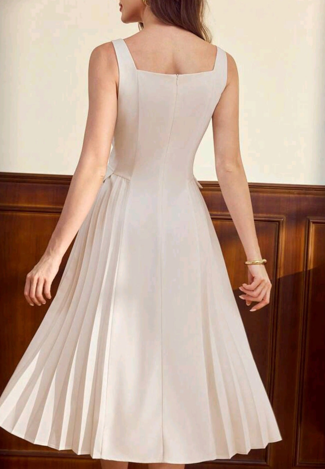 Square Straps Button Pleated A-Line Work Dress