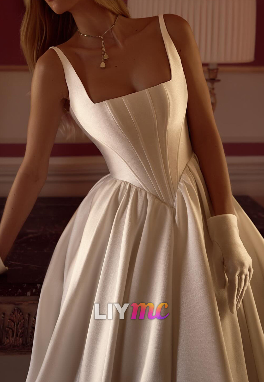 Square Straps Corset Satin A-Line Wedding Dress