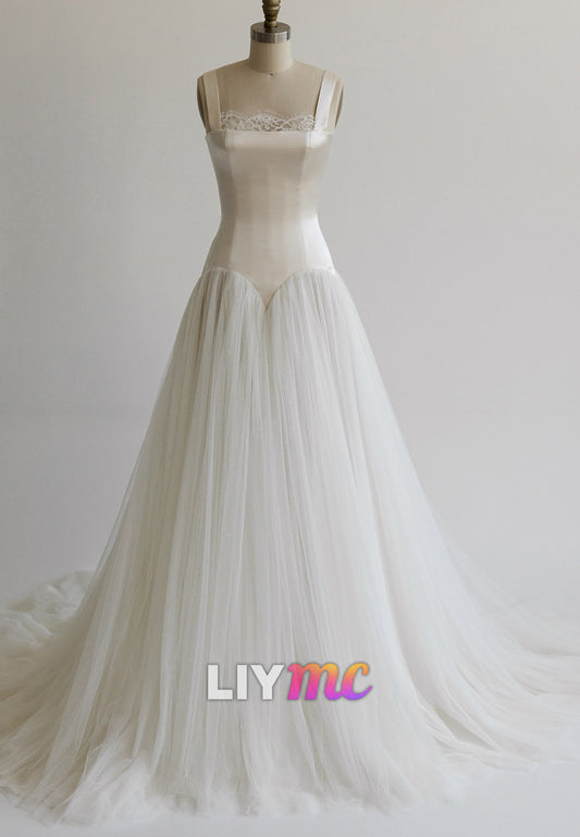 Square Straps Corset Tulle Ball Gown Wedding Dress