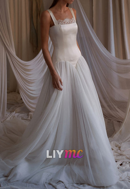 Square Straps Corset Tulle Ball Gown Wedding Dress