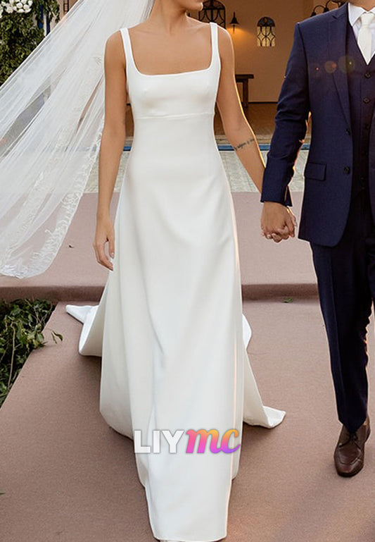 Square Straps Empire Waist Sleek Sheath Simple Wedding Dress