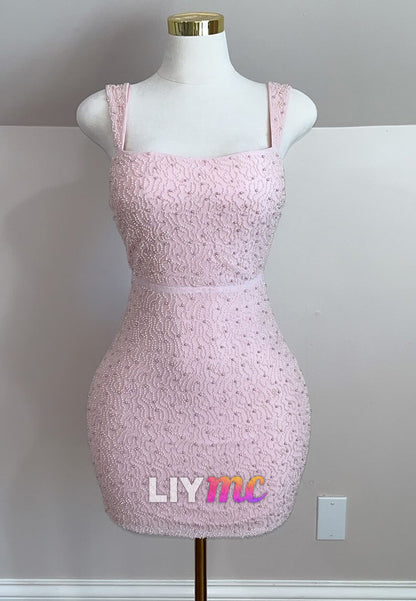 Square Straps Fitted Sheath Beaded Embroidery Party Homecoming Dress