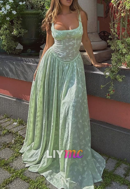 Square Straps Floral Appliques A-Line Prom Dress