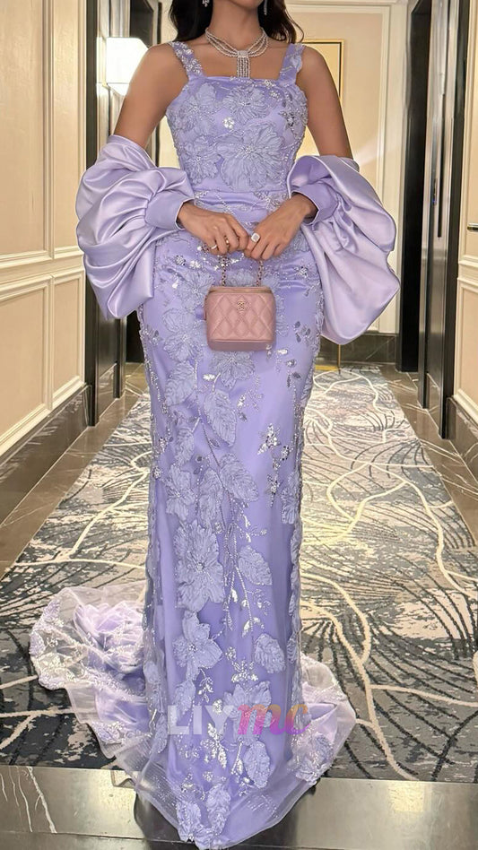 Square Straps Floral Embellished Mermaid Prom Dress