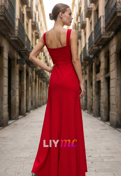 Square Straps Floral Embellished Sheath Prom Dress