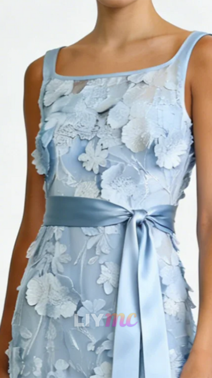 Square Straps Floral Embellished Sheath Wedding Guest Dress