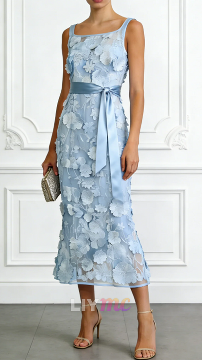 Square Straps Floral Embellished Sheath Wedding Guest Dress