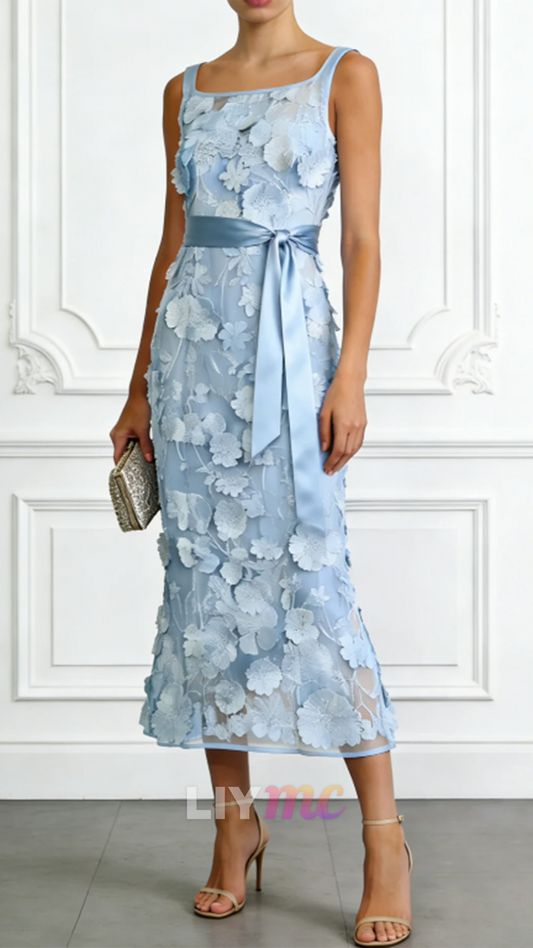Square Straps Floral Embellished Sheath Wedding Guest Dress