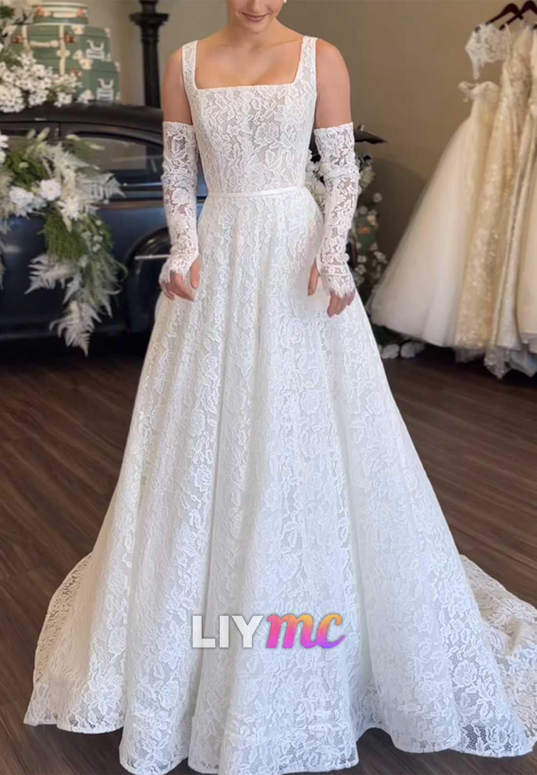 Square Straps Lace Appliques A-Line Wedding Dress
