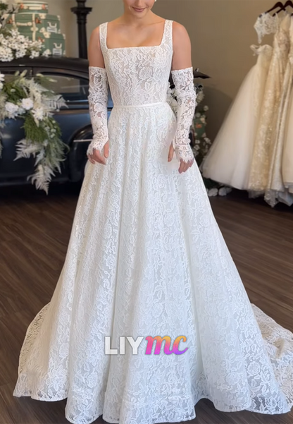 Square Straps Lace Appliques A-Line Wedding Dress