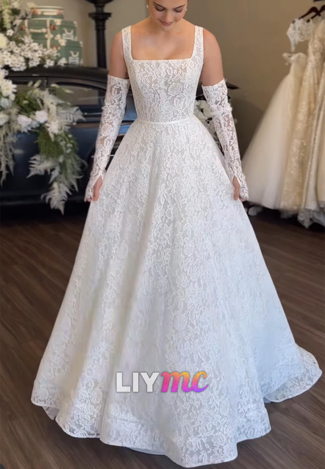 Square Straps Lace Appliques A-Line Wedding Dress