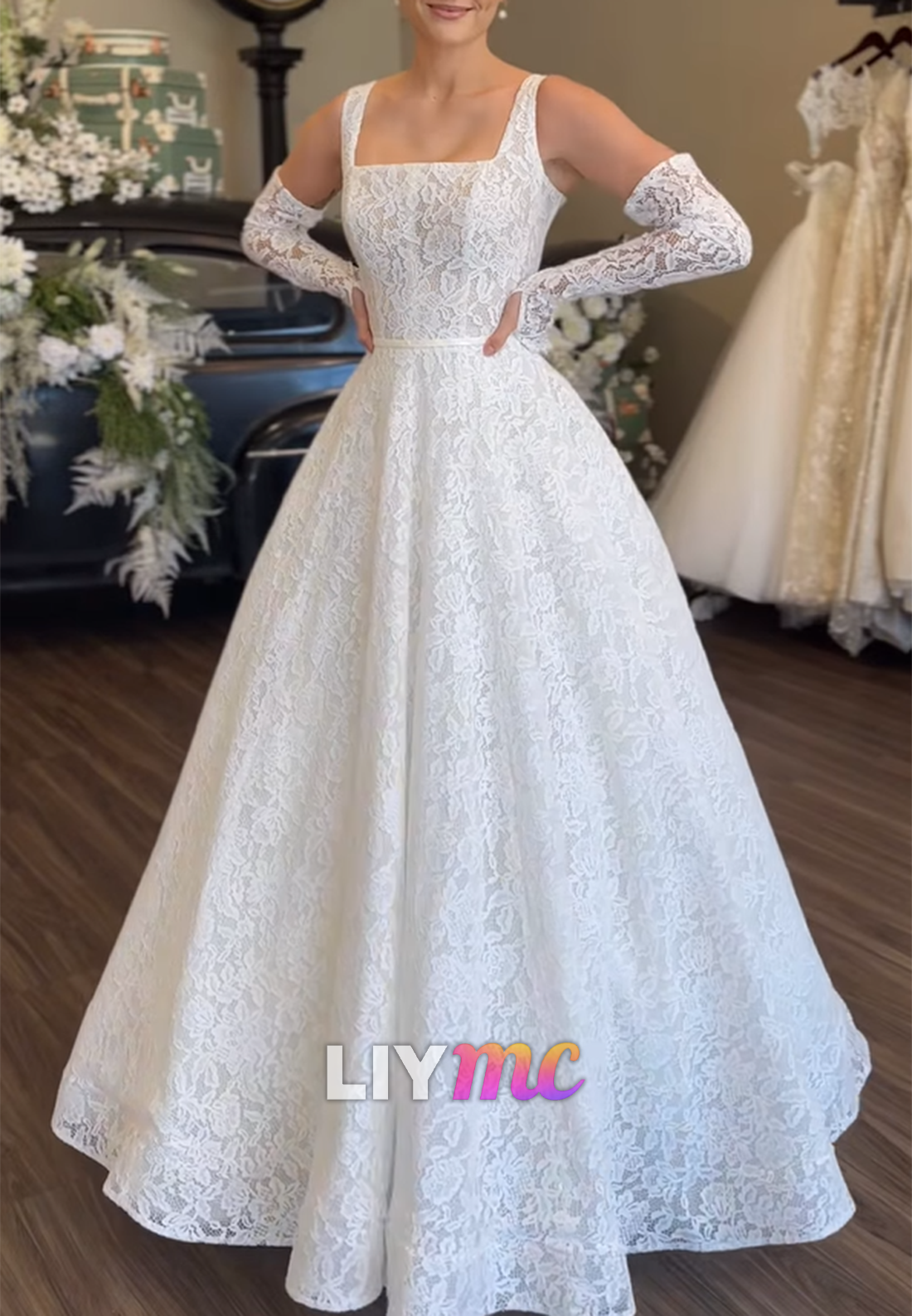 Square Straps Lace Appliques A-Line Wedding Dress