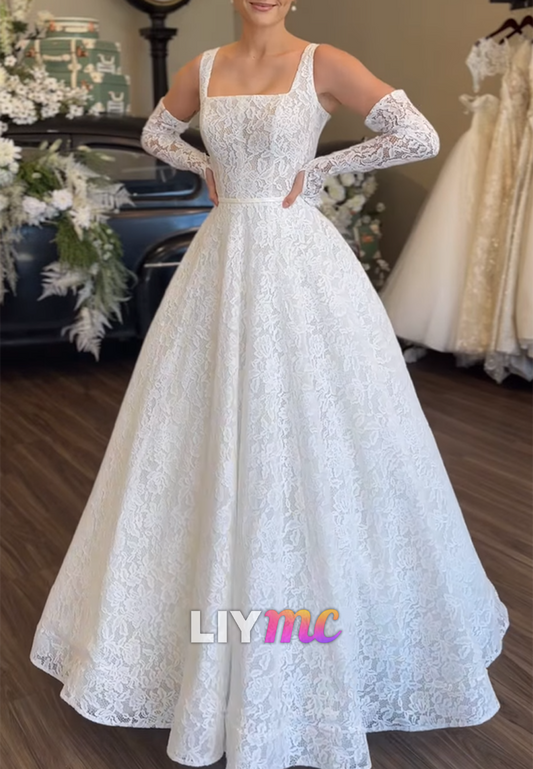 Square Straps Lace Appliques A-Line Wedding Dress