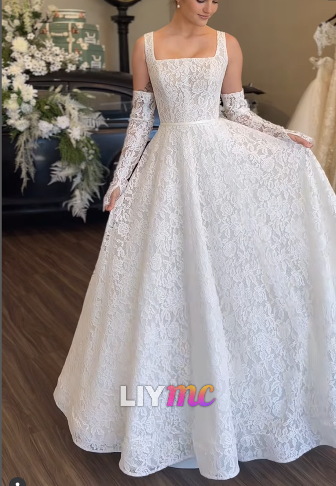 Square Straps Lace Appliques A-Line Wedding Dress