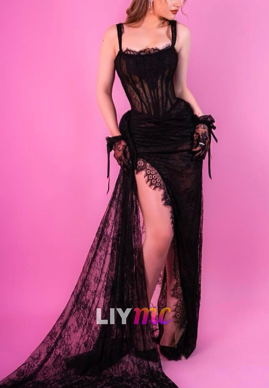 Square Straps Lace Appliques Sheath Prom Dress