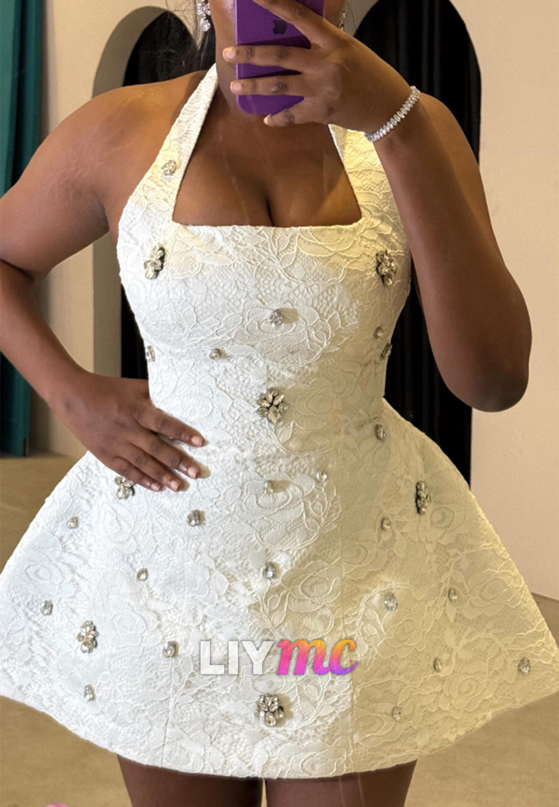 Square Straps Lace Appliques Short Beaded Wedding Dress