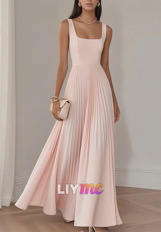 Square Straps Pleated A-Line Wedding Guest Dress