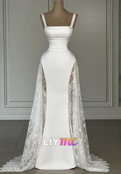 Square Straps Pleated Appliques Mermaid Wedding Dress