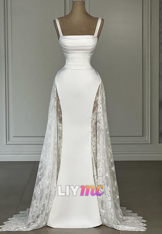 Square Straps Pleated Appliques Mermaid Wedding Dress