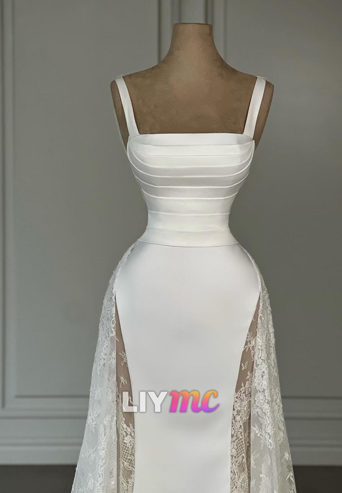 Square Straps Pleated Appliques Mermaid Wedding Dress