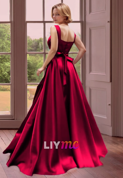 Square Straps Pleated Satin A-Line Red Mother of Bride Dress