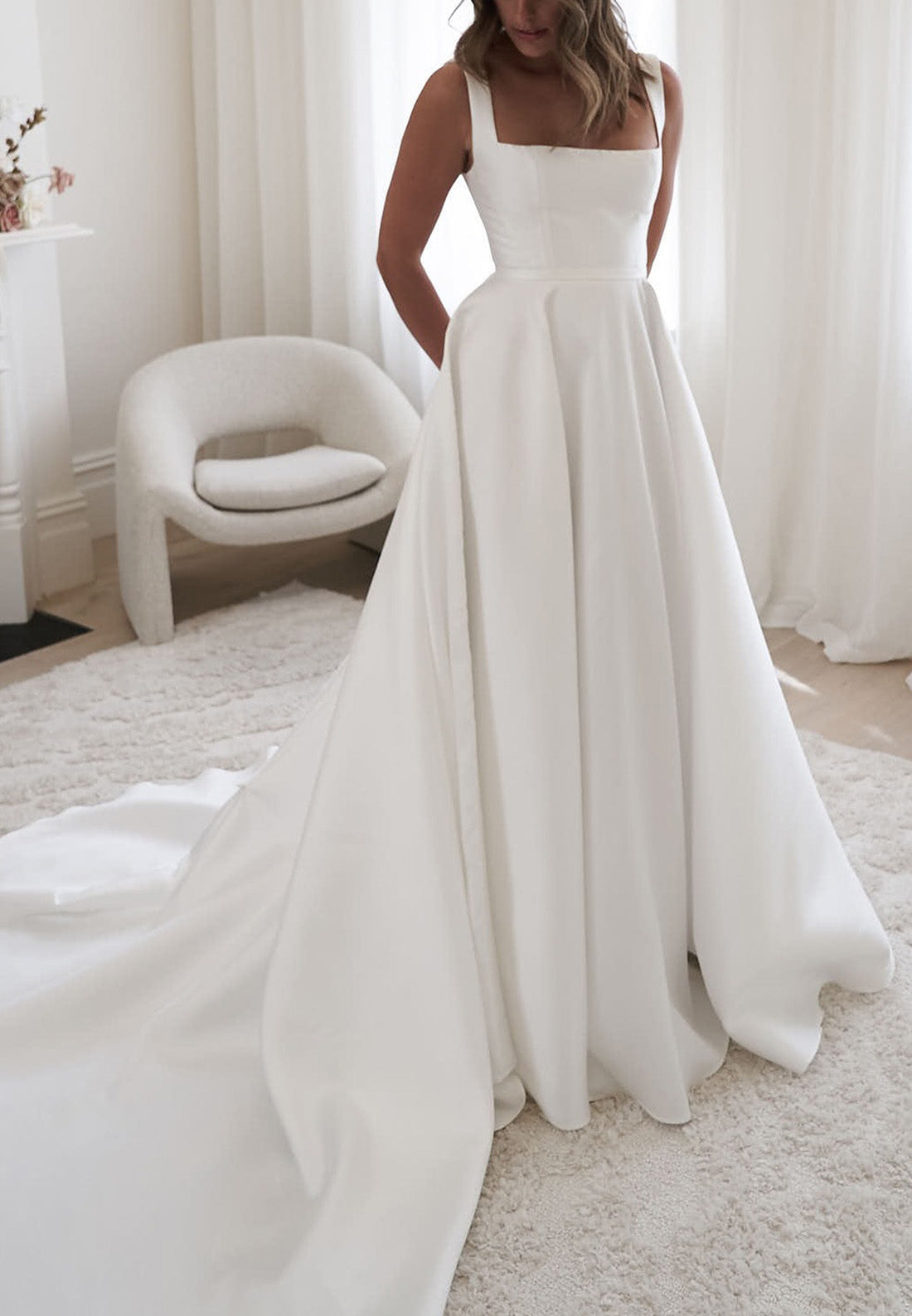 Square Straps Pleated Satin Simple A-Line Wedding Dress