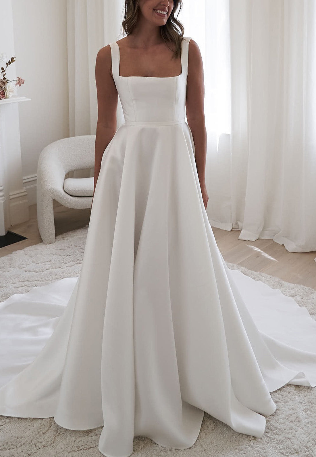 Square Straps Pleated Satin Simple A-Line Wedding Dress