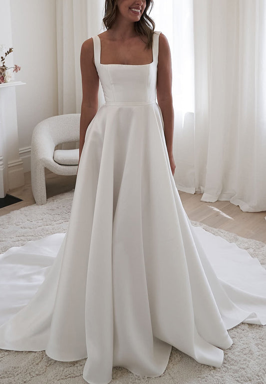 Square Straps Pleated Satin Simple A-Line Wedding Dress