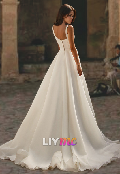 Square Straps Pleated Sleek Satin A-Line Wedding Dress