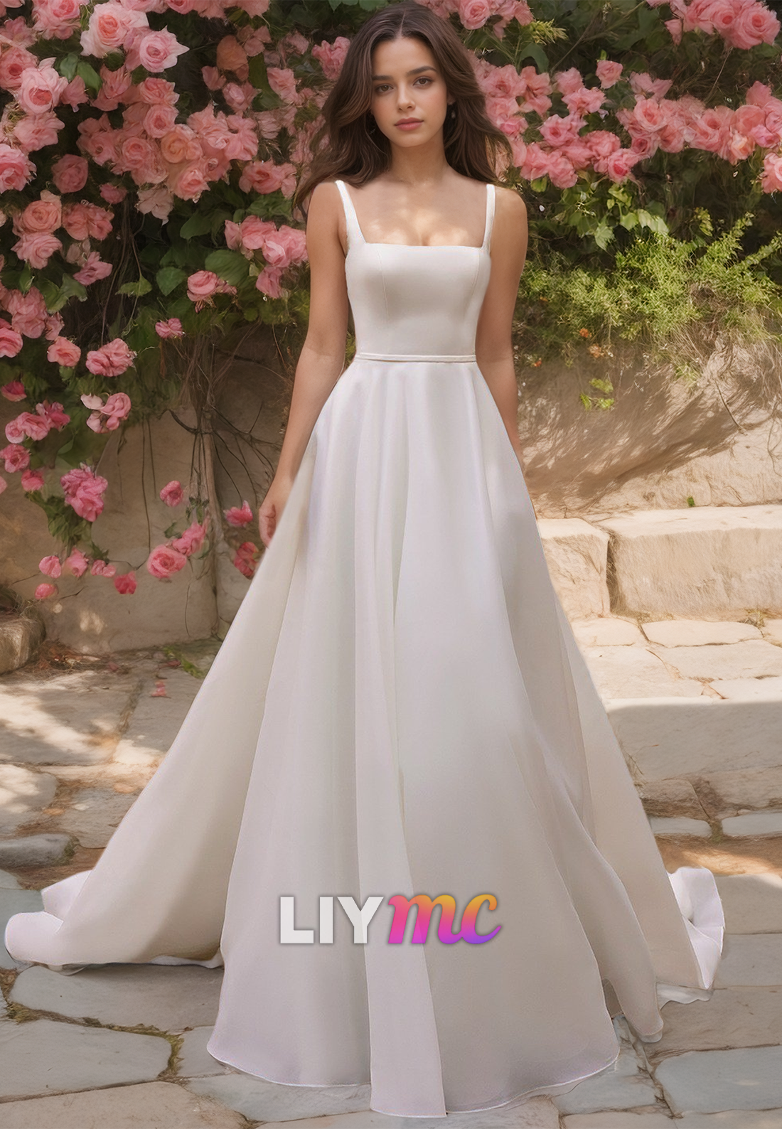 Square Straps Pleated Sleek Satin A-Line Wedding Dress