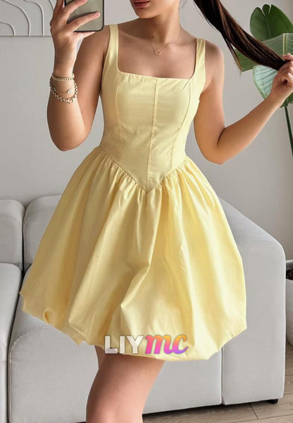Square Straps Pleated Sleeveless A-Line Party Homecoming Dress