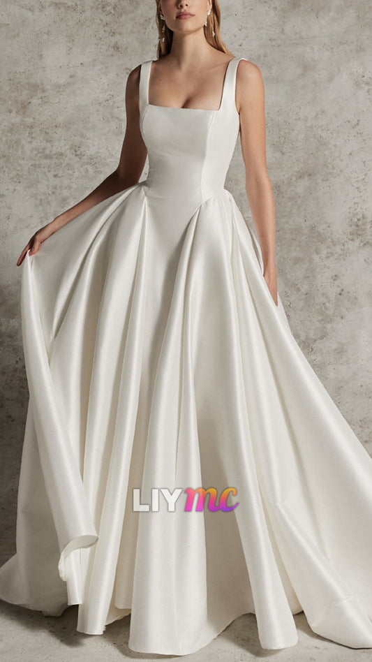 Square Straps Satin A-Line Wedding Dress