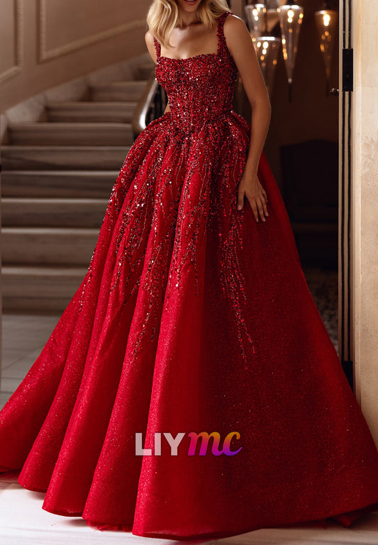 Square Straps Sequins Sparkly A-Line Prom Dress