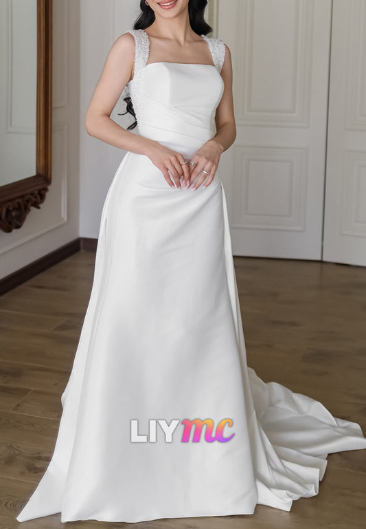 Square Straps Sleek Pleated Detachable Train Sheath Wedding Dress