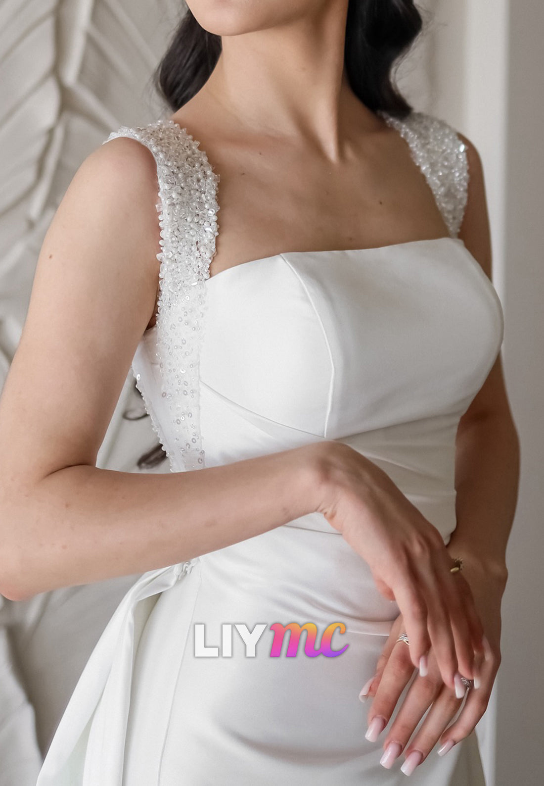 Square Straps Sleek Pleated Detachable Train Sheath Wedding Dress