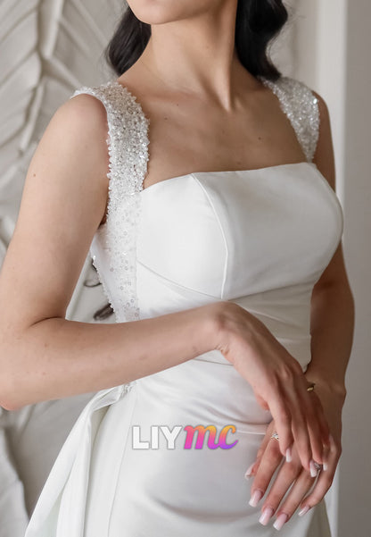 Square Straps Sleek Pleated Detachable Train Sheath Wedding Dress