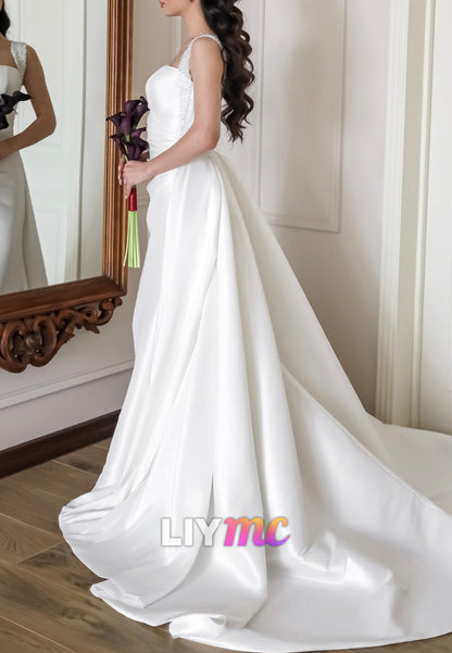 Square Straps Sleek Pleated Detachable Train Sheath Wedding Dress