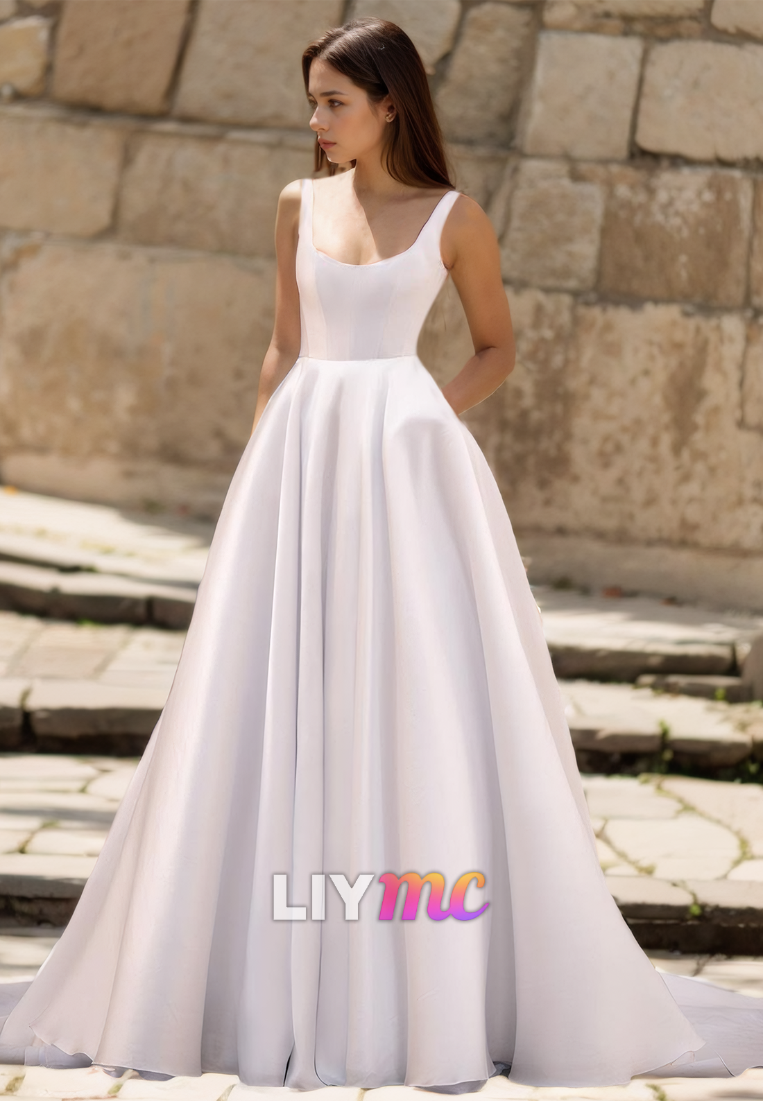 Square Straps Sleeveless Pleated Satin A-Line Simple Wedding Dress