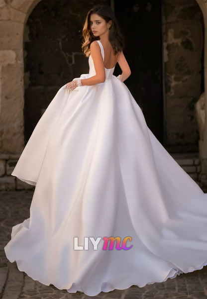 Square Straps Sleeveless Pleated Satin A-Line Simple Wedding Dress