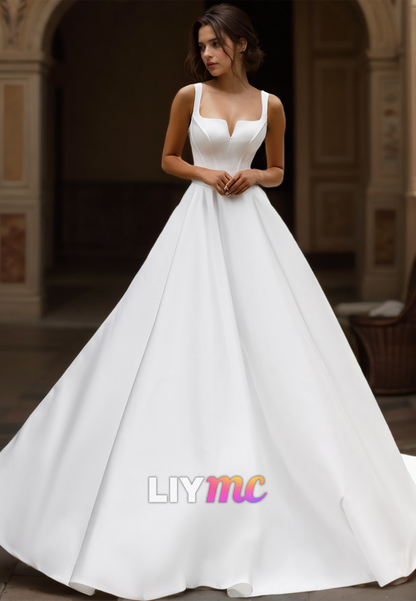 Square Straps Sleeveless Sleek Pleated Satin A-Line Wedding Dress