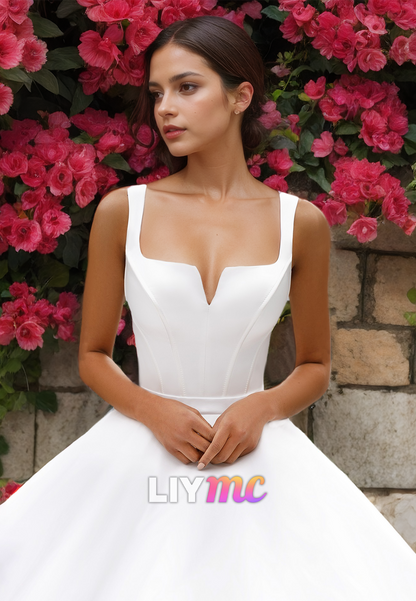 Square Straps Sleeveless Sleek Pleated Satin A-Line Wedding Dress