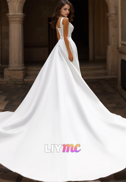 Square Straps Sleeveless Sleek Pleated Satin A-Line Wedding Dress