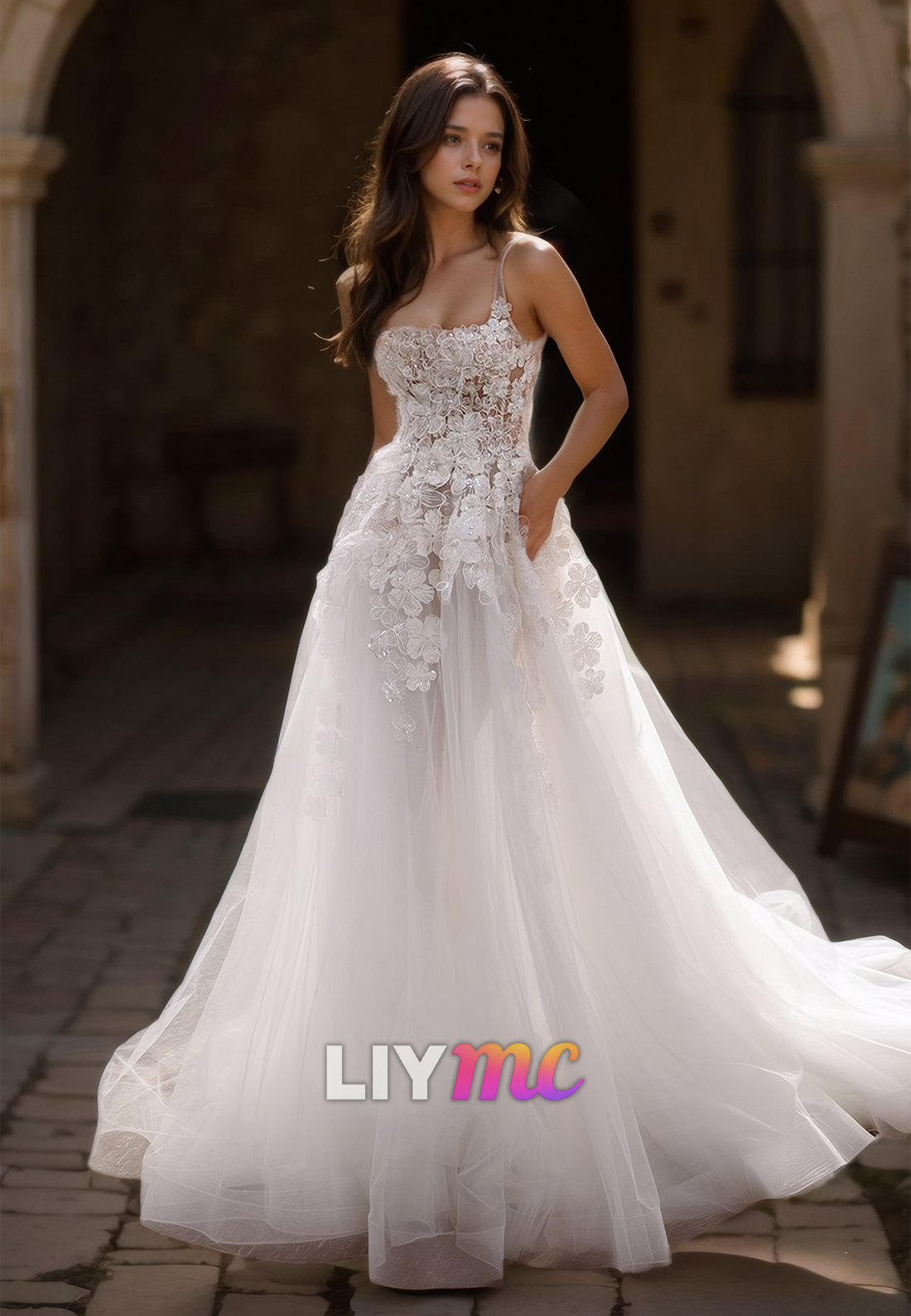 Square Straps Sleveless Floral Embellished Tulle A-Line Wedding Dress