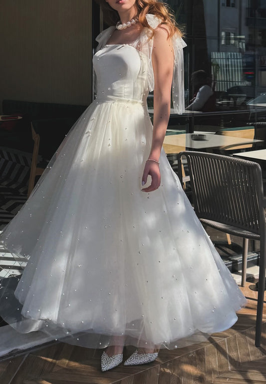 Square Tulle Pearl A-Line Midi Wedding Dress