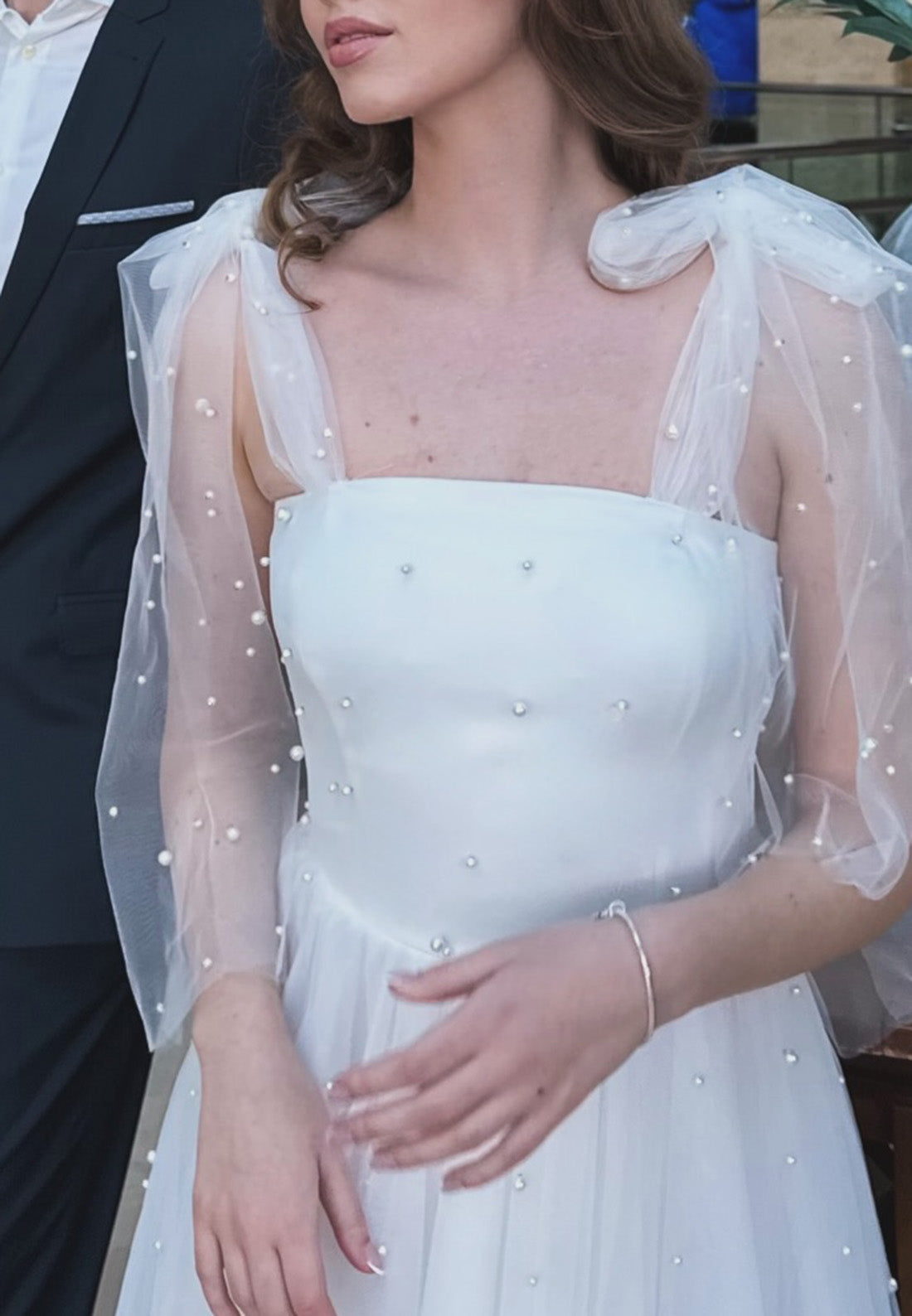 Square Tulle Pearl A-Line Midi Wedding Dress